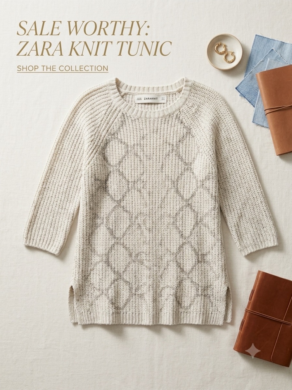 Zara Cream Cable-Knit Tunic Sweater